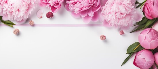 Aufkleber - A top down view of a feminine floral arrangement consisting of pink peony flowers gift boxes and pearl beads on a white table creating a festive flat lay frame The image provides ample copy space for