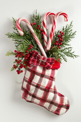 Wall Mural - Festive Christmas stocking stuffed with candy canes and holiday greenery