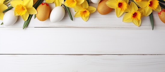 Sticker - A beautiful Easter composition featuring painted eggs yellow daffodils and a white wooden background viewed from the top with available copy space for text or images