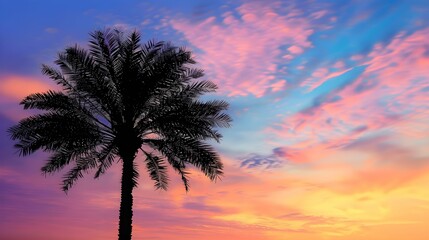 Wall Mural - Date palm tree silhouetted against a colorful sunset sky in a tropical setting