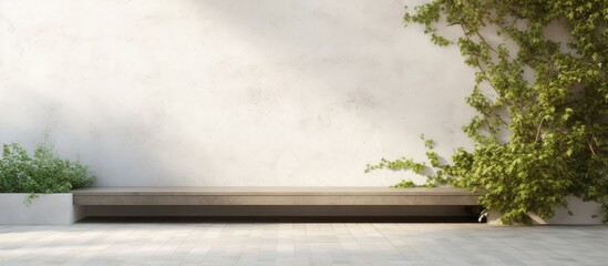 Poster - A calm corner garden terrace features a modern interior style with a white cement wall background adorned by an ivy green creeper plant The serene outdoor environment creates a natural ambiance offer