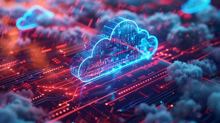 Wall Mural - Isometric illustration of cloud storage for downloading, representing a digital service or application facilitating data transmission. It embodies network computing technologies, showcasing a