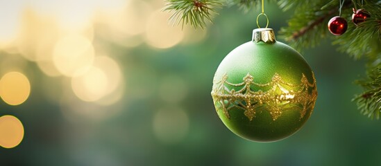 Poster - A festive Christmas tree ornament in red and green sits on a thuja branch against a sunny green backdrop creating a cheerful atmosphere for the holiday season Copy space image