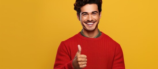 Poster - A joyful young man in his 20s of Spanish descent proudly holds a laptop with a blank screen in front of a yellow studio backdrop while smiling and giving a thumbs up gesture The copy space image feat