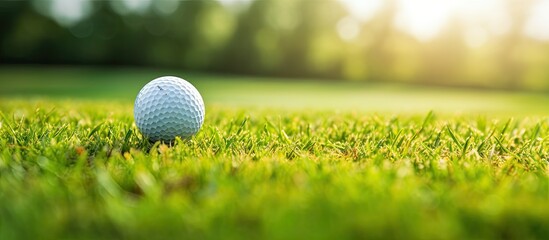 Sticker - A golfer s hand holds a golf ball on a tee positioned on a lush green golf course The scene is ready for a player to take their swing Copy space image