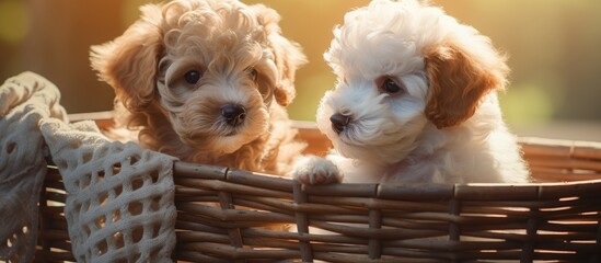 Canvas Print - Adorable poodle puppy exploring the basket with a baby dog looking around in a playful and endearing pet moment Ample copy space for the image