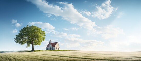 Sticker - A serene landscape of a church surrounded by a lush field with a majestic tree reaching towards the sky offering the perfect copy space image