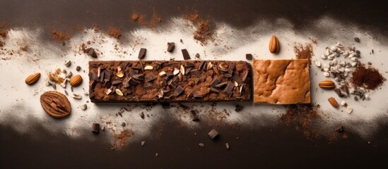 Sticker - A typical Spanish snack featuring slices of homemade seed bread accompanied by a chocolate bar captured from above in a flat lay copy space image