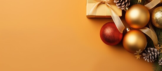 Leinwandbilder - Christmas decorations and gift box arranged in a top view flat lay The composition is placed on a colored background providing the perfect copy space image for Christmas or Happy New Year greetings