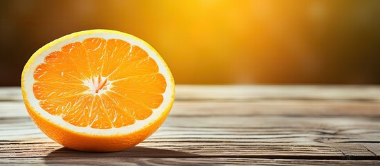 A vibrant orange slice adds a burst of flavor on a rustic wooden surface It s a refreshing vegan snack rich in vitamins that boost the immune system Perfect for healthy eaters Copy space image 194 ch