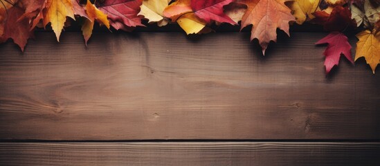 Aufkleber - Postcards with a wooden background capturing the essence of autumn beautifully framed by colorful leaves offering a perfect copy space image