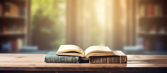 Poster - A wooden table with hardcover books spread open creating an image of an educational environment with a copy space for text perfect for back to school related content