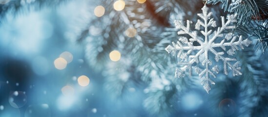 Fototapete - An image capturing the essence of the Christmas and holiday season showcasing a close up view of a snowflake ornament and accessories adorning an Xmas tree with ample copy space