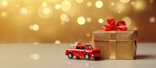Fototapete - A festive greeting card with a minimal design showcasing a gift delivery concept It features a little red toy car and a Christmas tree on a sparkling golden background perfect for celebrating Christm