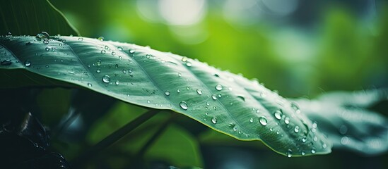Poster - A vintage toned close up image of raindrops on a textured green leaf in a tropical nature setting creating an abstract background It highlights the concepts of ecology environment and travel adventur