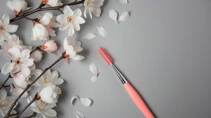 Wall Mural - Pink tweezer and false eyelashes on grey background with white flowers from above Beauty theme Space for text