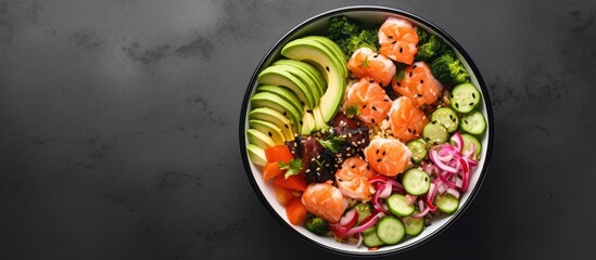 Poster - Top view of a Hawaiian salmon and shrimp poke bowl with seaweed avocado watermelon radish edamame and cucumber The image is taken from above and there is ample space around it