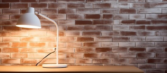 Poster - A sleek desk lamp with a modern design sits on a white wooden table positioned next to a textured brick wall There is ample room for adding text or images