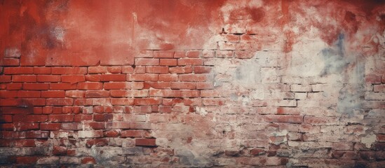 Wall Mural - Copy space image of an empty old brick wall with a painted distressed surface grungy wide brickwall grunge red stonewall background shabby building facade with damaged plaster serving as an abstract