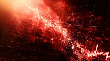 Wall Mural - Abstract illustration of stock market data with red and orange graph lines, charts, and digital interface elements.