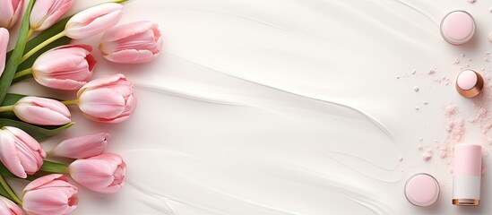 Aufkleber - Top down view of a flat lay arrangement featuring a podium or pedestal adorned with tulips and water ripples This cosmetic themed template offers ample copy space