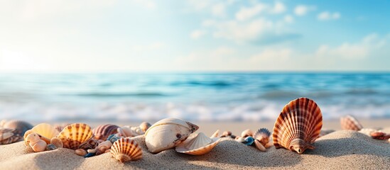Poster - On the sandy beach by the sea there are seashells scattered about It s the perfect spot for a relaxing seaside vacation with plenty of copy space image
