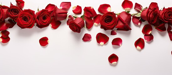 Aufkleber - A stunning arrangement of red roses and rose petals on a white backdrop A floral template with copy space perfect for occasions like Valentine s Day Mother s Day anniversaries weddings and birthdays