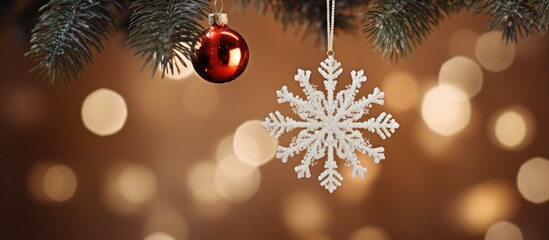 Fototapete - An image capturing the essence of the Christmas and holiday season showcasing a close up view of a snowflake ornament and accessories adorning an Xmas tree with ample copy space