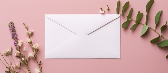 Poster - A mock up photo of a white envelope and blank postcard made of craft paper is seen from above in a studio setting The items are isolated on a pink background providing plenty of space for your text o