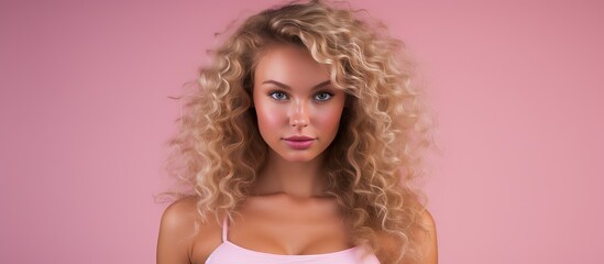 Poster - A stunning young girl with curly blonde hair stands alone against a pink background displaying a bottle of body lotion The image has ample copy space