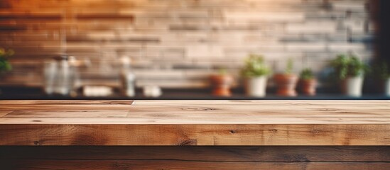 Aufkleber - A modern restaurant or coffee shop with a wooden table in the background and an empty space on the table perfect for displaying product mockups The design concept showcases the interior restaurant co
