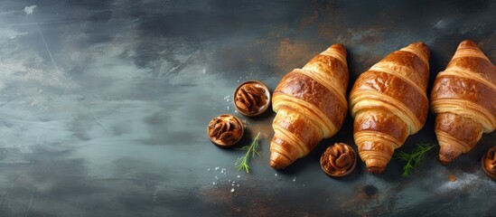 Poster - From an aerial perspective a copy space image showcases a delectable arrangement of croissants artfully placed on a stone board against a rustic concrete backdrop