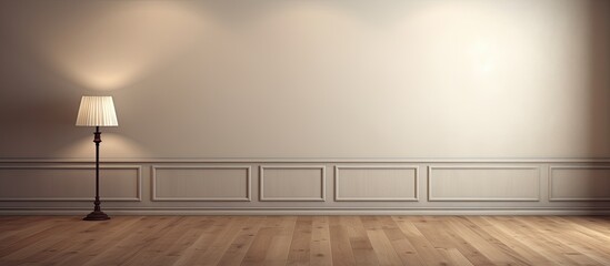 Aufkleber - An empty room with a wooden floor and a wall featuring a lamp serves as a perfect template for product display providing ample copy space for images
