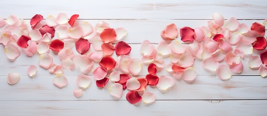 Aufkleber - A romantic heart shaped arrangement of rose petals symbolizing Valentine s Day displayed on a sleek silver white wooden background Copy space image