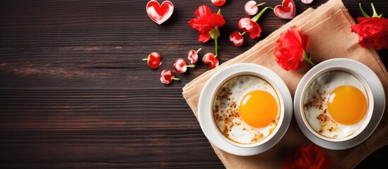 Wall Mural - Valentine s Day breakfast featuring heart shaped fried eggs and coffee with a romantic touch of love A perfect copy space image for expressing affection