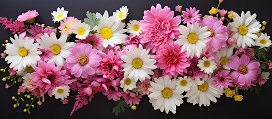 Aufkleber - Top view of a black background with a composition of delicate summer flowers including a bouquet of pink roses and white daisies There is copy space available for adding text