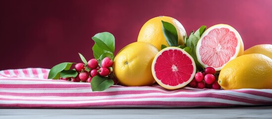 Wall Mural - A vibrant assortment of pink lemons and fresh red currents arranged beautifully on a striped towel creating a captivating image for copy space