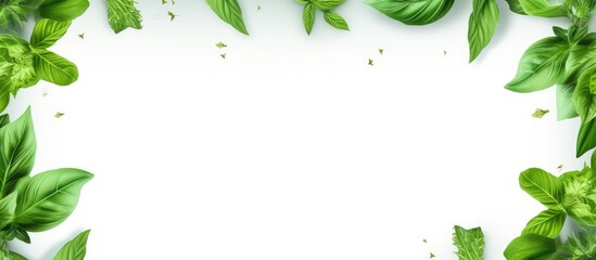 Poster - Isolated on a white background there is a botanical picture featuring a frame adorned with basil leaves creating a visually appealing copy space image