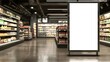 © OMD - Empty poster stand in the middle of a modern grocery store with fully stocked shelves in the background.