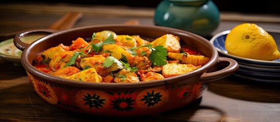 Wall Mural - A traditional Moroccan fish tajin stew with potatoes prepared at home This flavorful dish embodies the essence of Moroccan cuisine and is halal A copy space image
