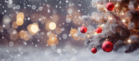 Poster - A festive Christmas background featuring a decorated tree adorned with silver and red baubles The bokeh effect adds a magical touch and there is copy space available