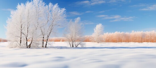 Poster - In a winter landscape young trees with dry red foliage are covered in snow The trees stand under a blue sky creating a beautiful image with copy space