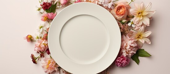 Leinwandbilder - A spring themed flat lay featuring a vintage white plate with no food on it placed on top of a beautiful arrangement of flowers Copy space image