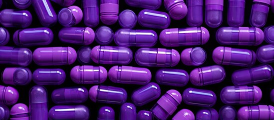 Wall Mural - A collection of medicine bottles filled with purple pills arranged neatly in a flat lay formation creating a visually appealing copy space image