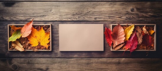 Aufkleber - Postcards with a wooden background capturing the essence of autumn beautifully framed by colorful leaves offering a perfect copy space image