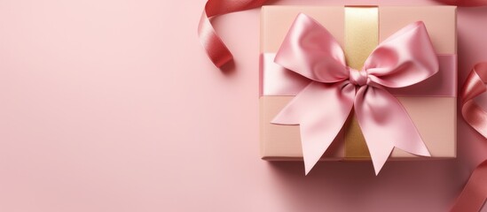 Aufkleber - A top down view of a gift box wrapped in pink ribbon and bow placed on holiday paper with copy space The image creates a flat lay holiday background and represents the concept of a Christmas or birth