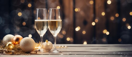 Poster - A festive composition featuring various wintery Christmas decorations including champagne Ideal for festive occasions like Christmas or New Year Copy space image