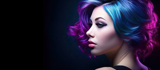 Sticker - A captivating woman with dyed blue hair exposed shoulders and noticeable breasts poses sensually against a violet black backdrop The image offers copy space and is suitable for advertisements hairdre