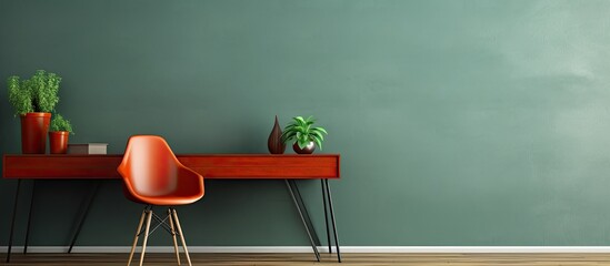 Poster - A tastefully decorated interior featuring a wooden table and armchair positioned next to a bright wall with ample space for customization in the image