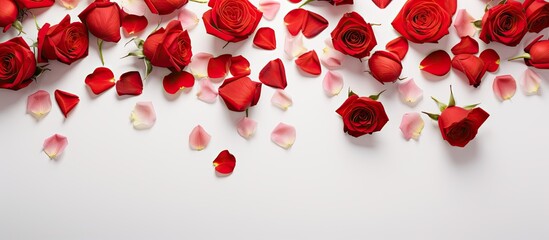 Aufkleber - A stunning arrangement of red roses and rose petals on a white backdrop A floral template with copy space perfect for occasions like Valentine s Day Mother s Day anniversaries weddings and birthdays